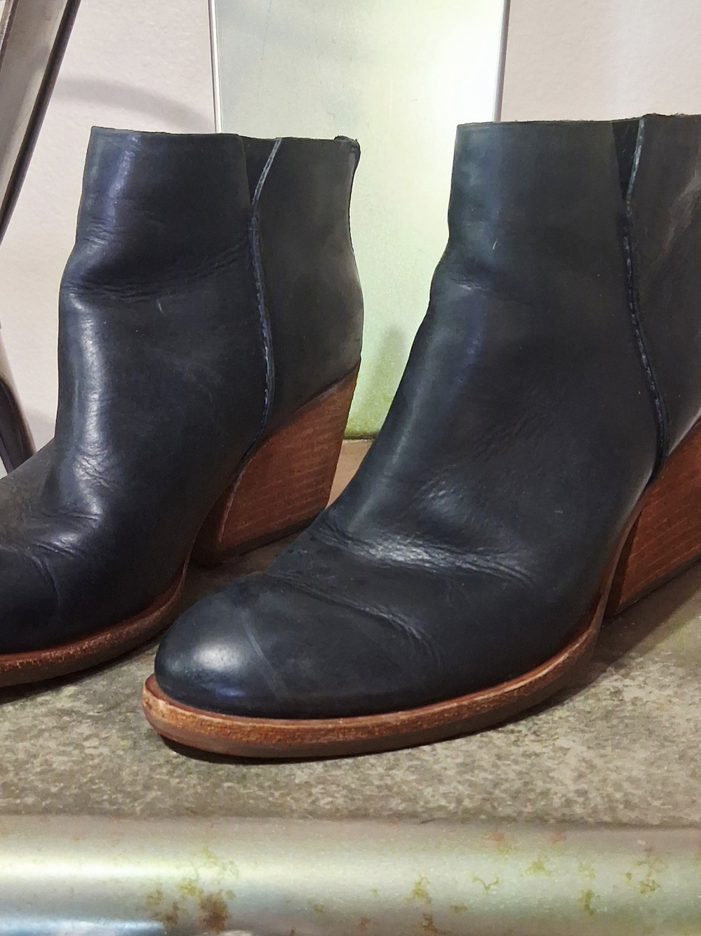 Kork-Ease Black Leather Ankle Boots with Stacked Wood Heel